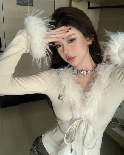 Long Sleeve Female Vintage Furry Crop Top