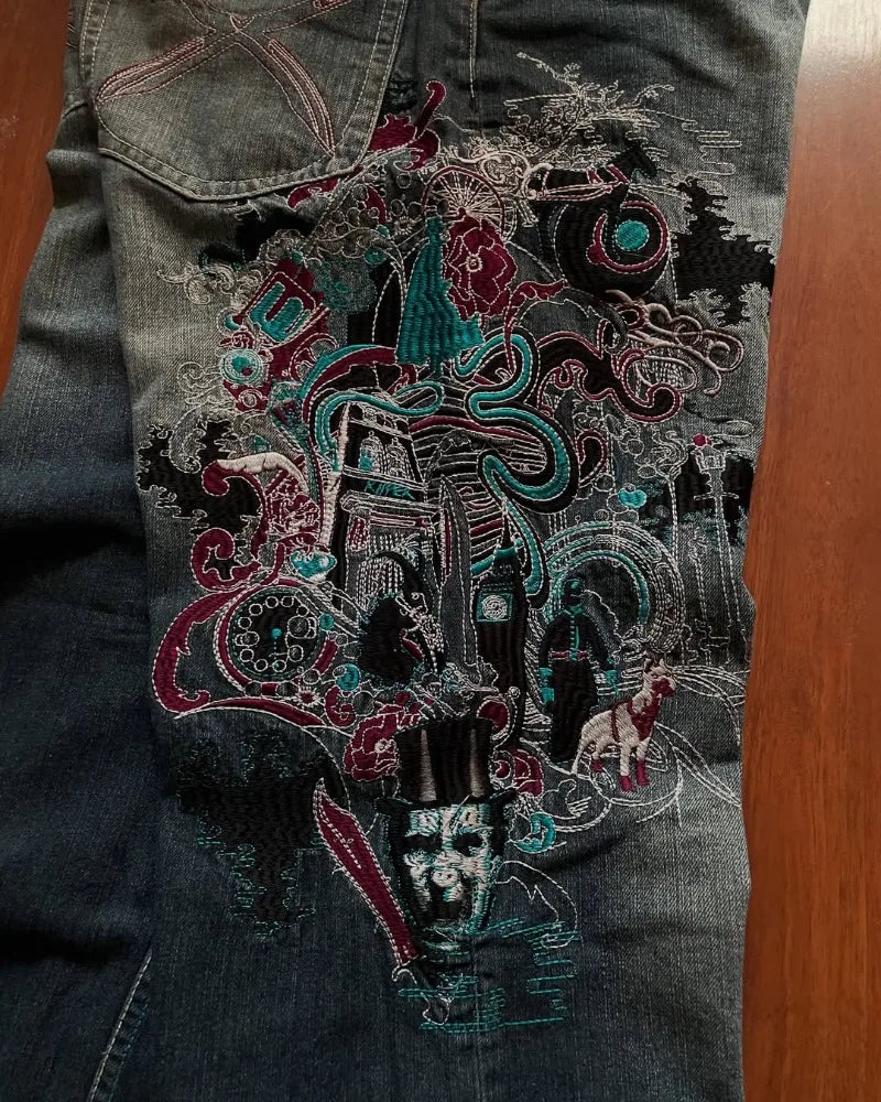 High Waist Graphic Embroidery Oversized Jeans