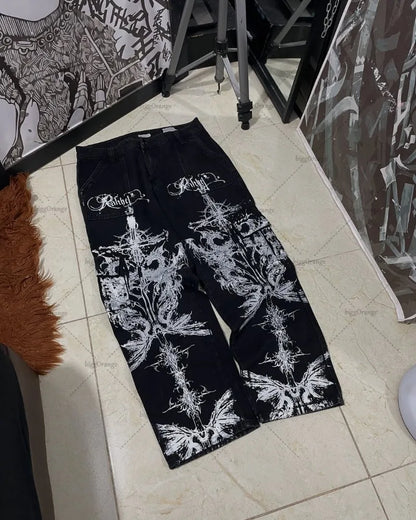 Y2K Cross Print Baggy Jeans