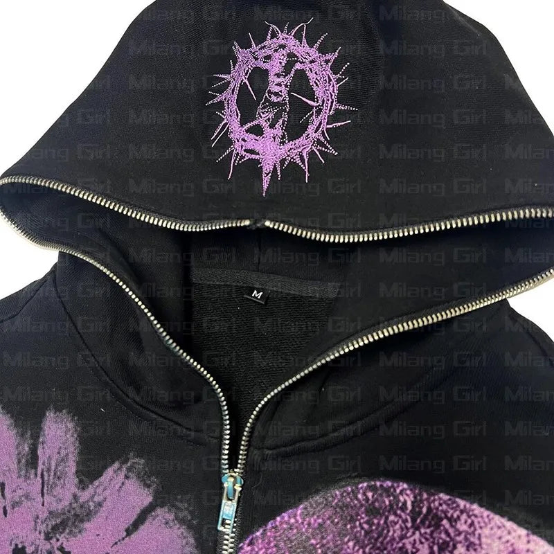 Goth Print Graphic Zip-Up Jackets
