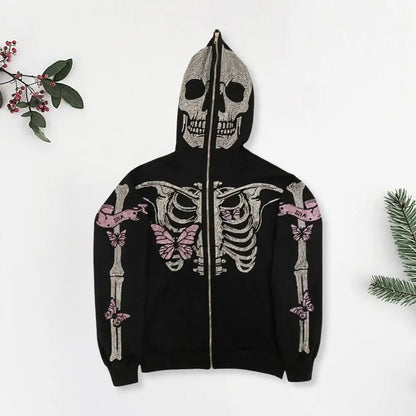 Streetwear Skeleton Rhinestone Zip-Up Hoodie