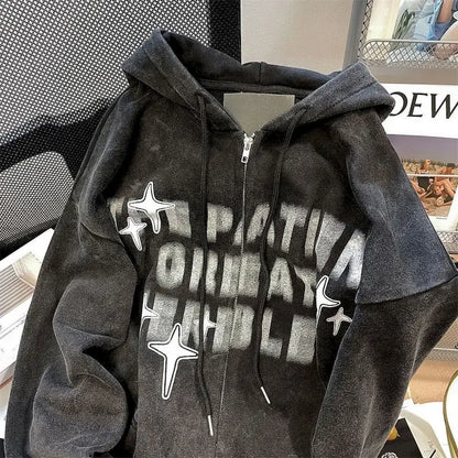 Retro Star Print Zip Oversized Hoodies
