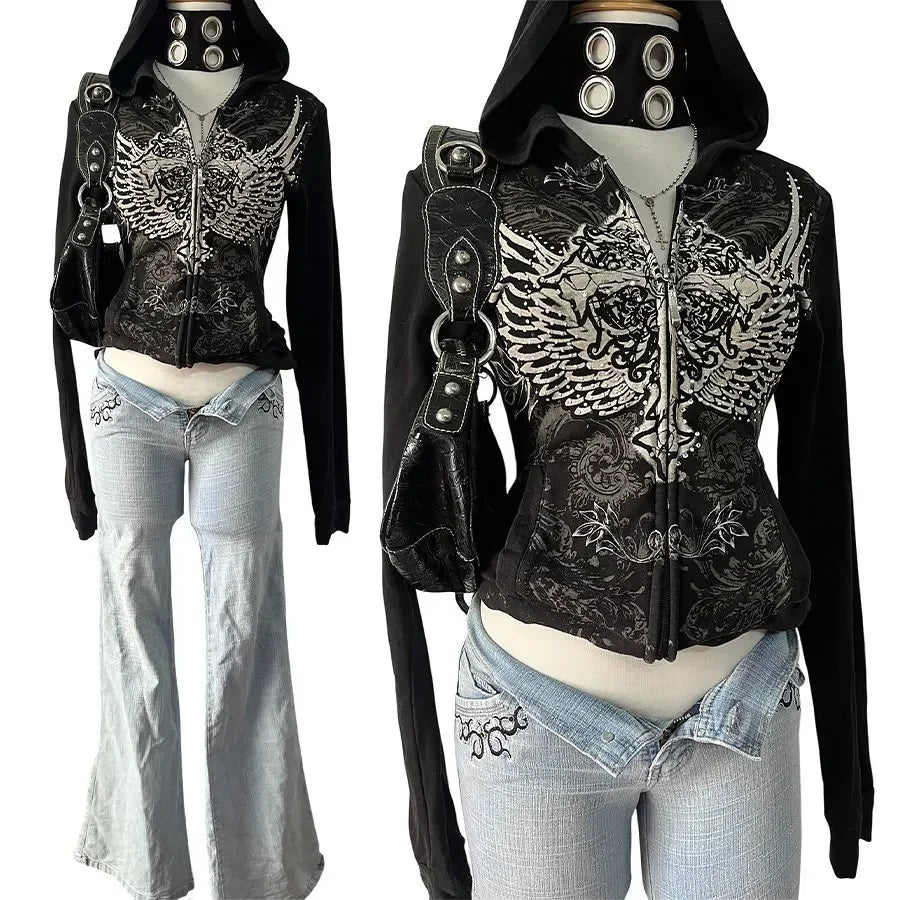 gothic wings rhinestone zipper hoodie