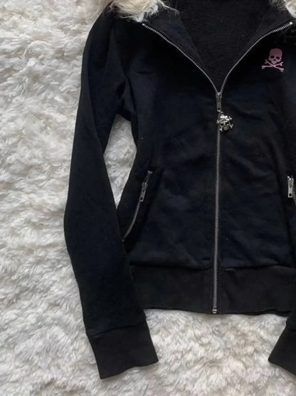Black Fur Collar Zipper Sweatshirt