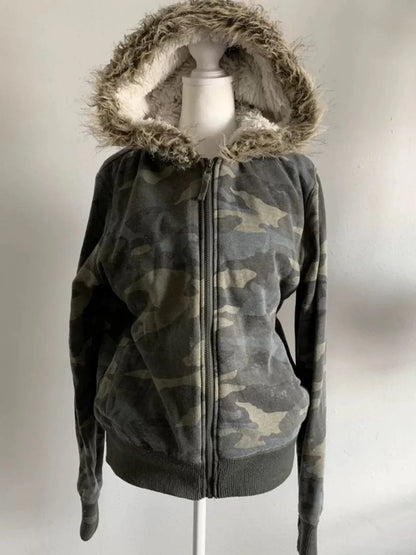 Vintage Letter Fur Collar Hooded Sweatshirt