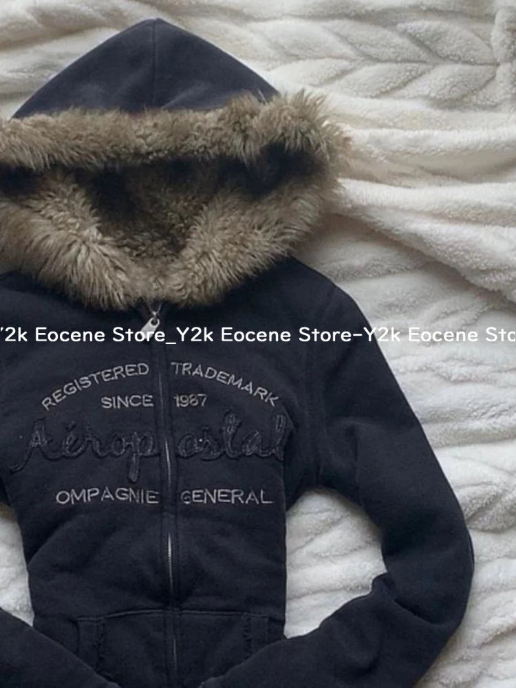 Vintage Letter Fur Collar Hooded Sweatshirt