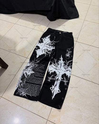 Y2K Streetwear  Cross Print Baggy Jeans