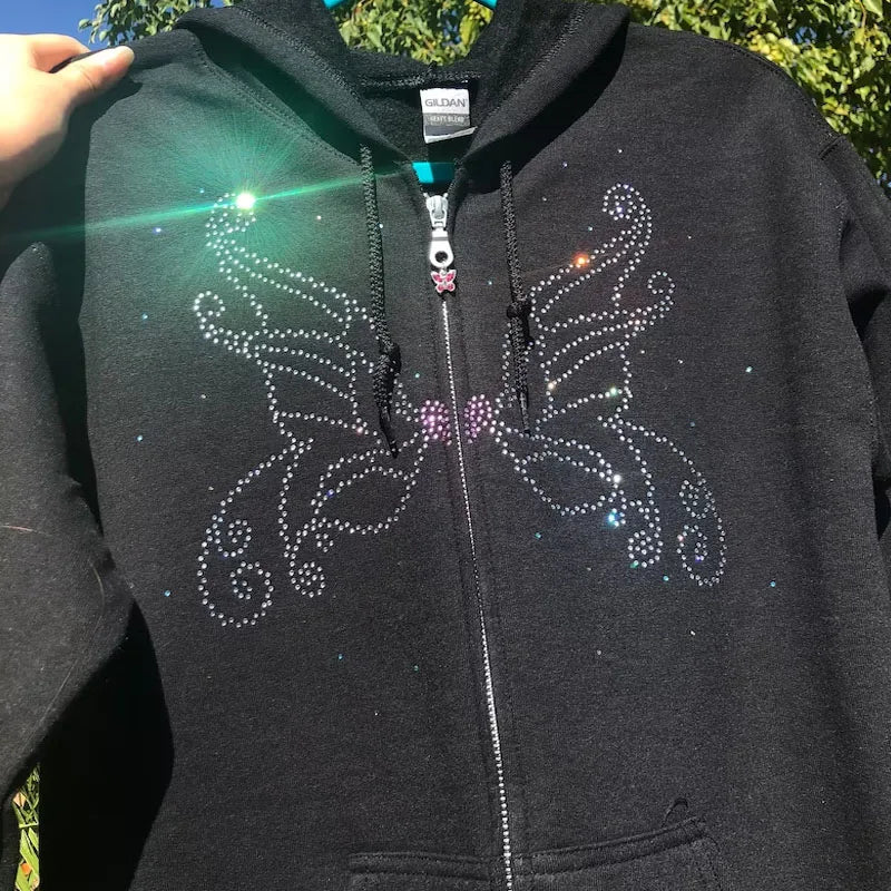 Gothic Butterfly Rhinestone Womens Zip-Up Jacket