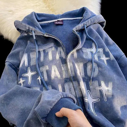 Retro Star Print Zip Oversized Hoodies