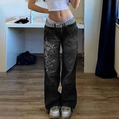 Womens Graphic Printed Straight Jeans