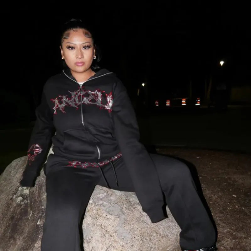 Rhinestone Graphic Streetwear Hoodie