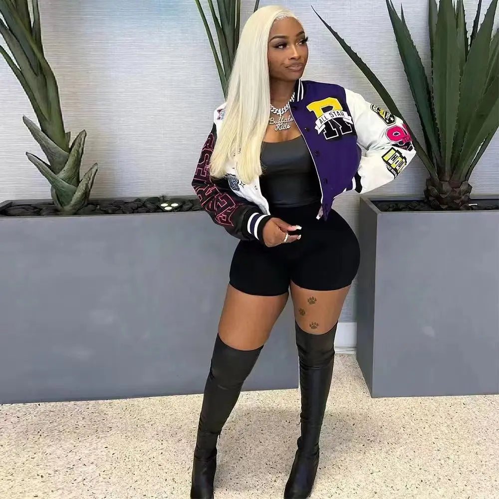 LW Baseball Collar Letter Print Varsity Jacket