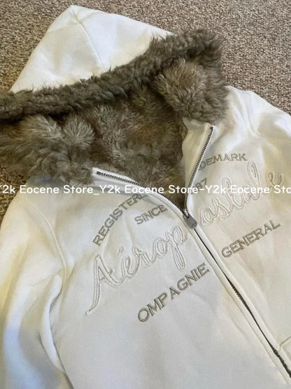 Vintage Letter Fur Collar Hooded Sweatshirt