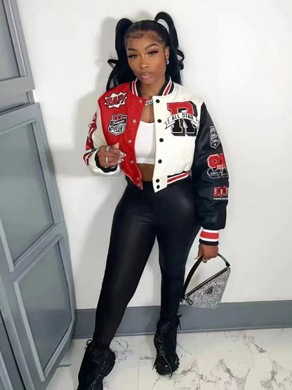 LW Baseball Collar Letter Print Varsity Jacket