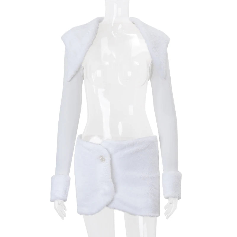 Candyhot Faux Fur Long Sleeve Cardigan and Mini Skirt Y2K 2 Pieces Set