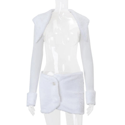 Candyhot Faux Fur Long Sleeve Cardigan and Mini Skirt Y2K 2 Pieces Set