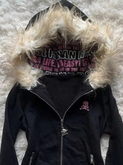 Black Fur Collar Zipper Sweatshirt