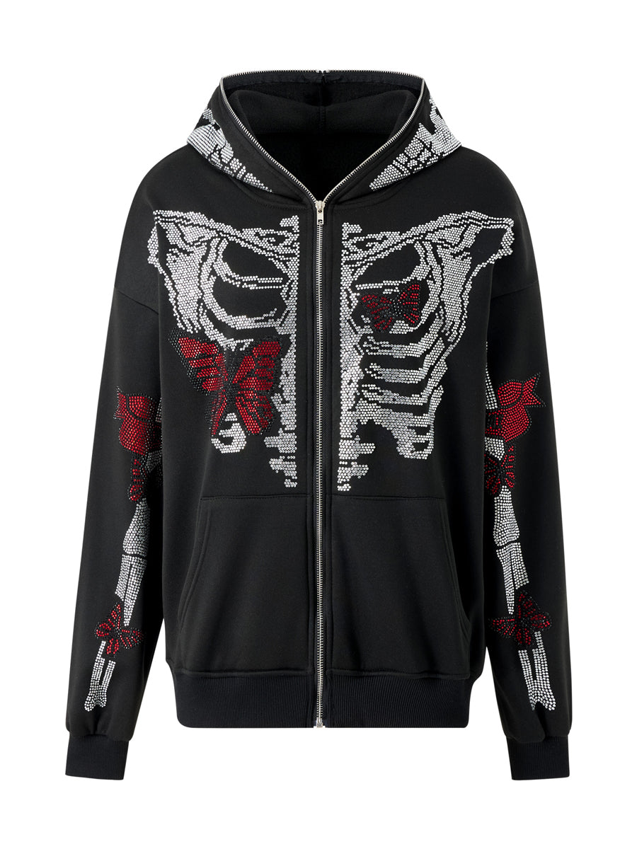Skeleton Print Full Zip Up Punk Hoodie