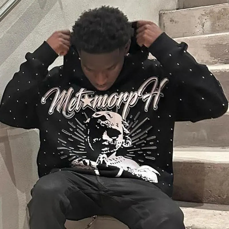 Gothic Black Graphic Pullover Oversized Sweatshirts