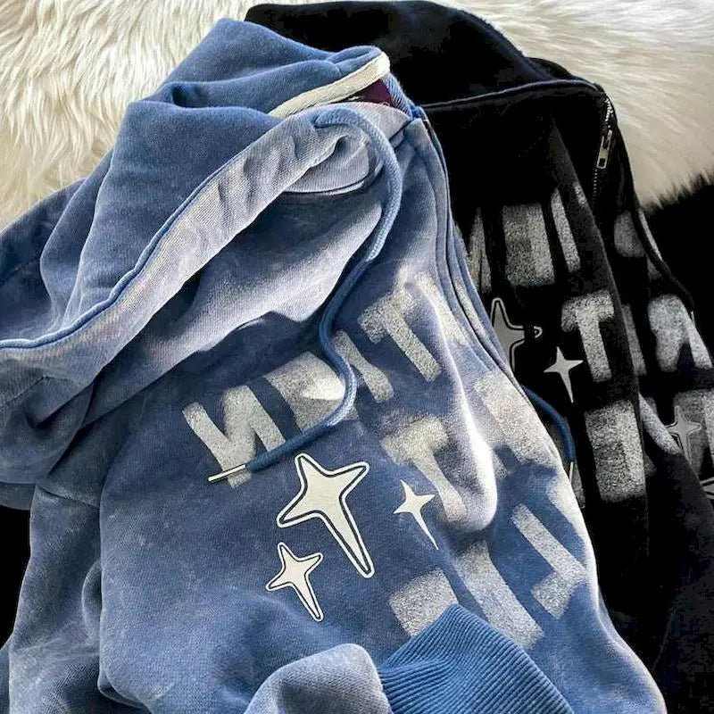 Retro Star Print Zip Oversized Hoodies