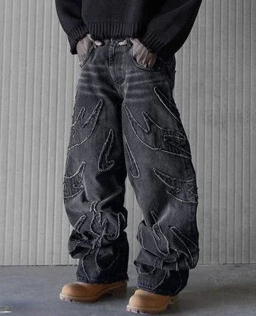 Distressed Embroidery Baggy Jeans