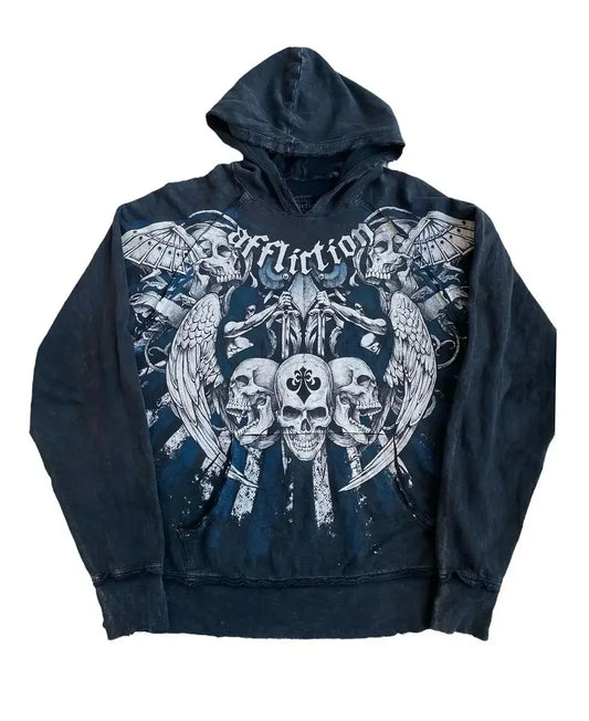 2000s TAP OUT Skull Wing Print Retro Hoodie