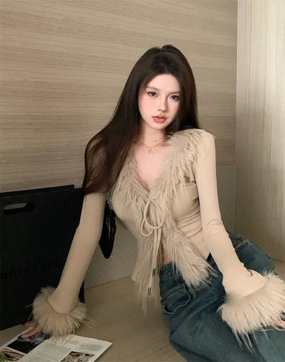 Long Sleeve Female Vintage Furry Crop Top
