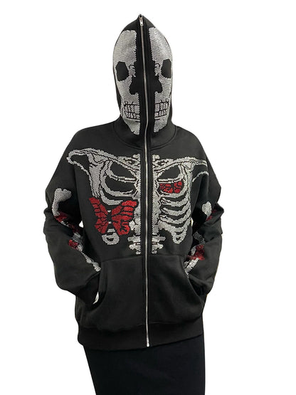 Skeleton Print Full Zip Up Punk Hoodie