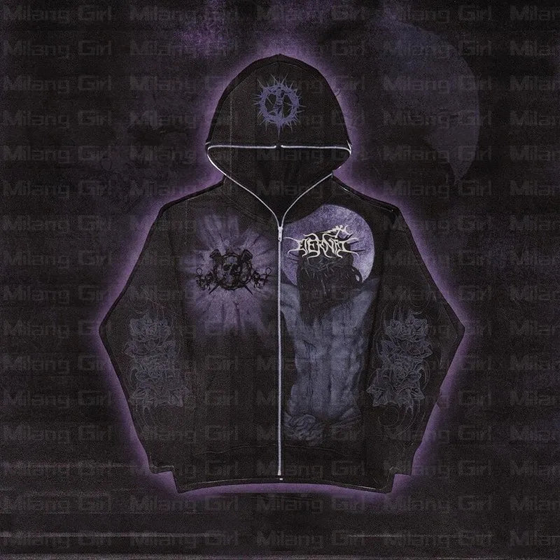 Goth Print Graphic Zip-Up Jackets