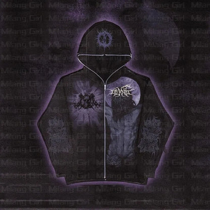 Goth Print Graphic Zip-Up Jackets