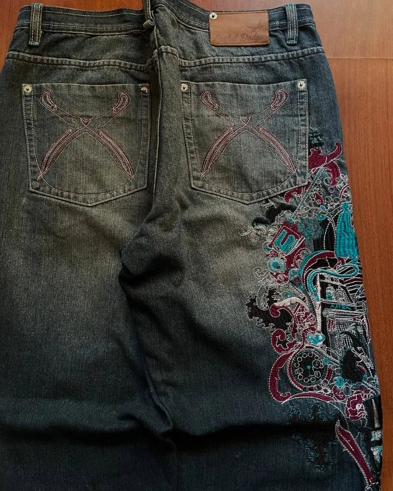 High Waist Graphic Embroidery Oversized Jeans