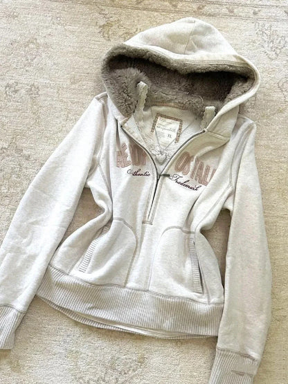 Vintage Letter Fur Collar Hooded Sweatshirt