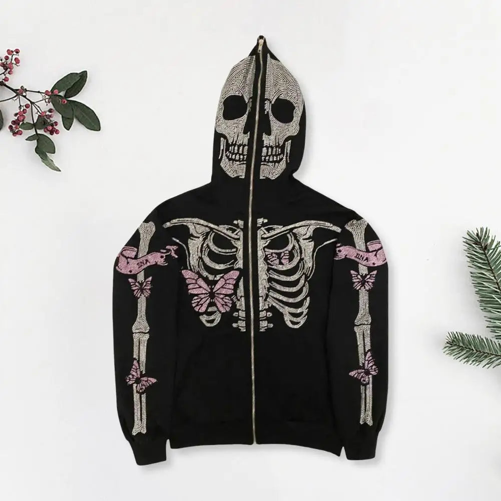 Unisex Streetwear Rhinestone Skeleton Hoodie