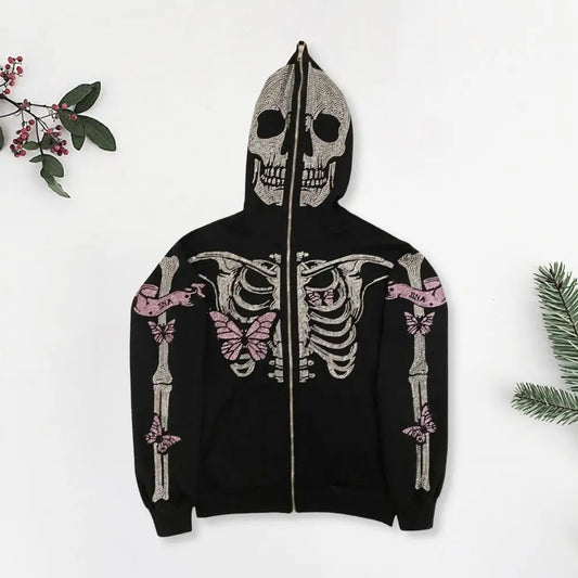 Unisex Streetwear Rhinestone Skeleton Hoodie