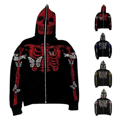 Streetwear Skeleton Rhinestone Zip-Up Hoodie