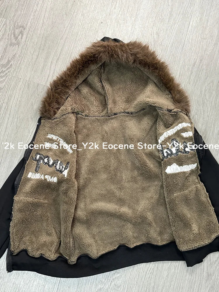 Vintage Letter Fur Collar Hooded Sweatshirt