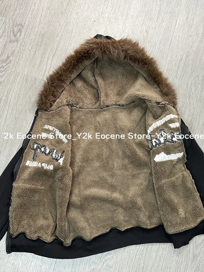 Vintage Letter Fur Collar Hooded Sweatshirt
