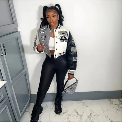 LW Baseball Collar Letter Print Varsity Jacket