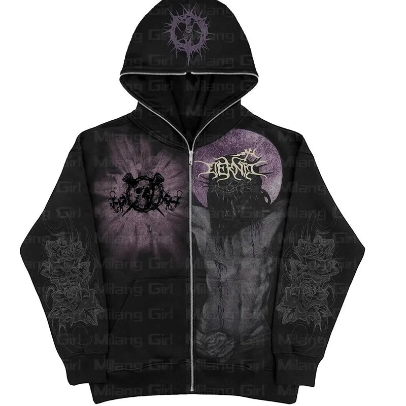 Goth Print Graphic Zip-Up Jackets
