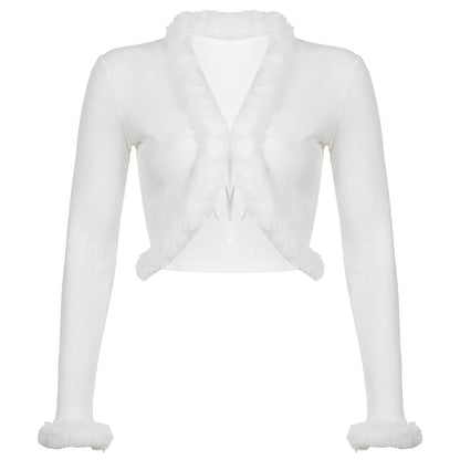 White Long Sleeve Cropped Feather Trim Cardigan