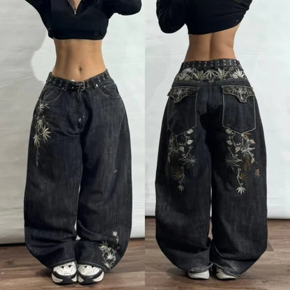 Embroidered Letter Patch Baggy Jeans