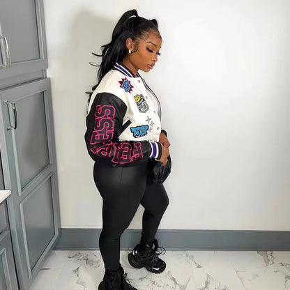 LW Baseball Collar Letter Print Varsity Jacket