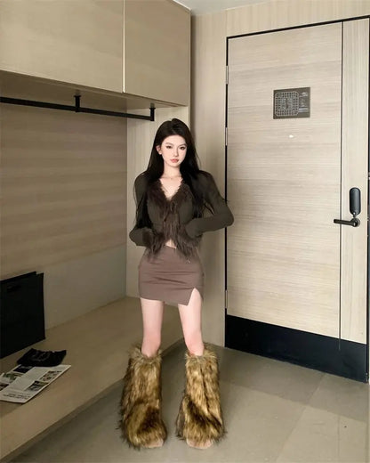Long Sleeve Female Vintage Furry Crop Top