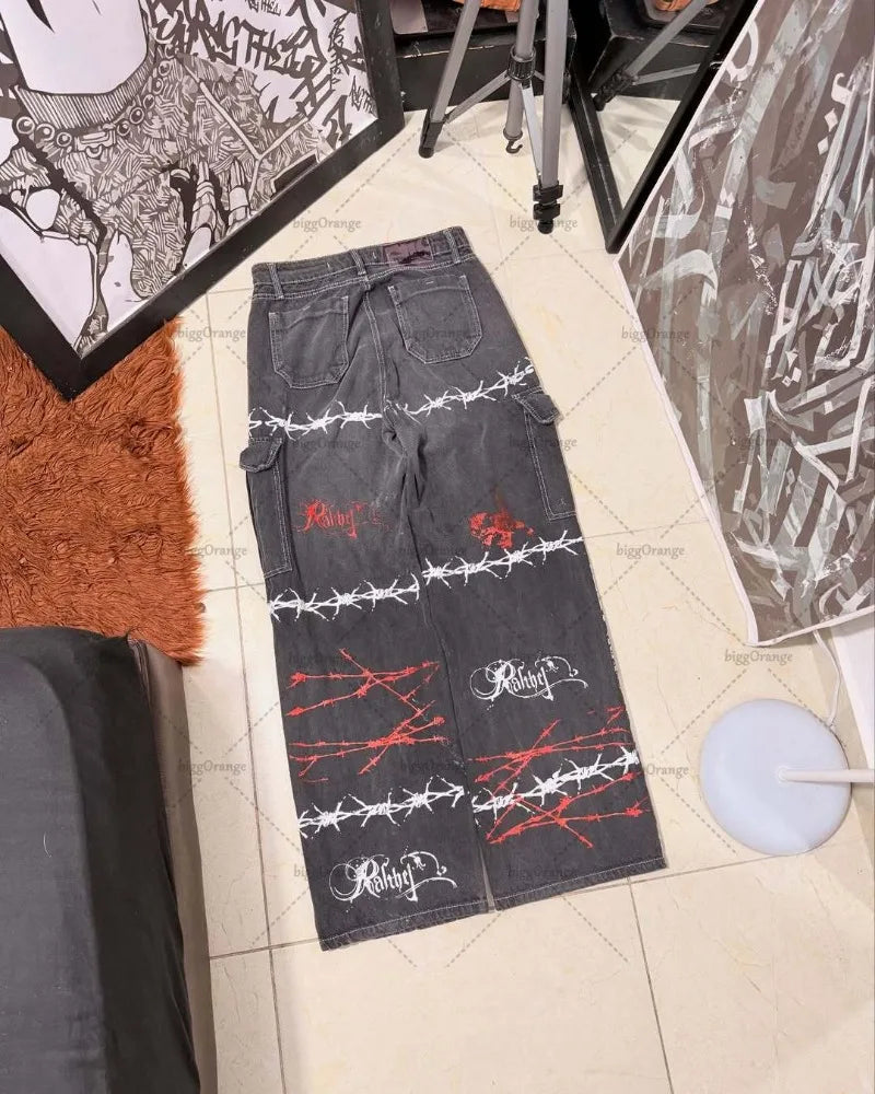 Gothic  Thorn Print Y2K Jeans