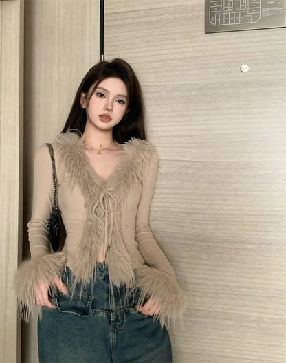 Long Sleeve Female Vintage Furry Crop Top