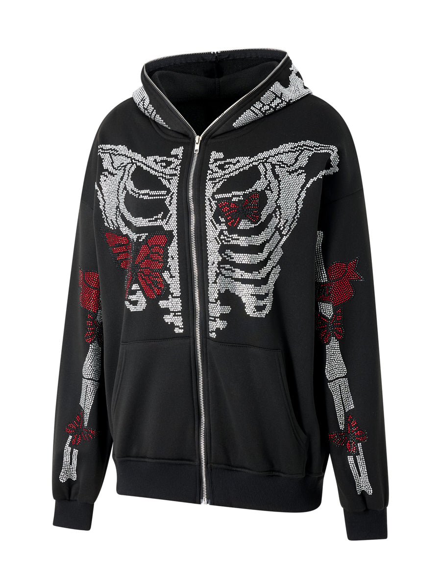 Skeleton Print Full Zip Up Punk Hoodie