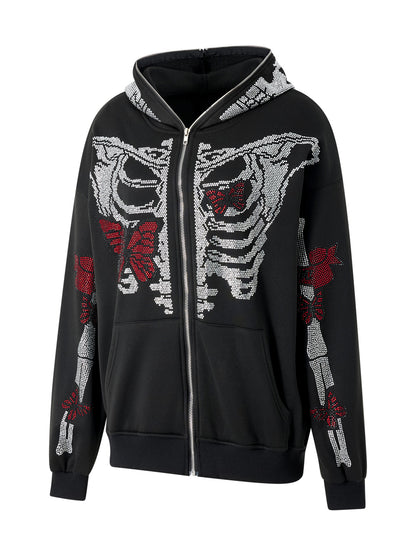 Skeleton Print Full Zip Up Punk Hoodie