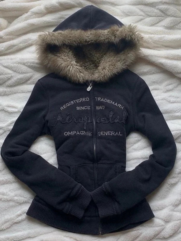 Vintage Letter Fur Collar Hooded Sweatshirt