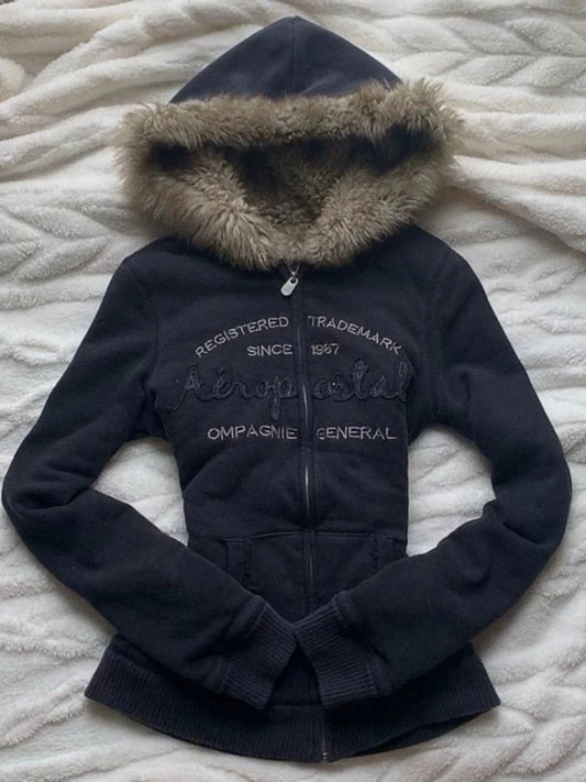 Vintage Letter Fur Collar Hooded Sweatshirt