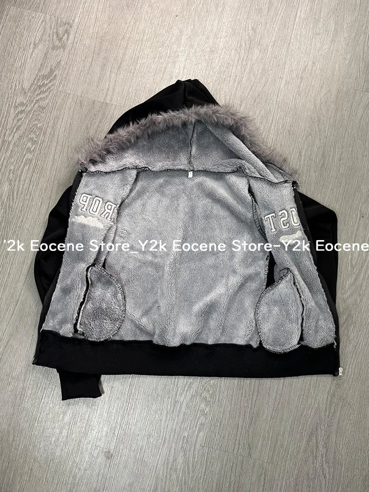 Vintage Letter Fur Collar Hooded Sweatshirt